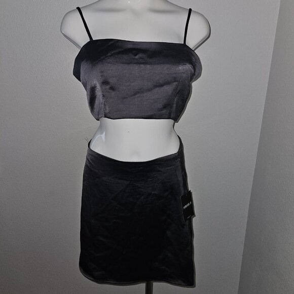 NEW Forever 21 F21 Bustier Crop Top Mini Skirt 2pc Set Gunmetal Gray Size Medium - Picture 1 of 16